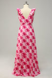 Plus Size High Low Pink Flower Printed Bridesmaid Dress with Ruffles