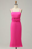 Spaghetti Straps Hot Pink Bridesmaid Dress with Fringes