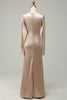 Load image into Gallery viewer, V-Neck Champagne Long Bridesmaid Dress with Sleeves