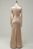 V-Neck Champagne Long Bridesmaid Dress with Sleeves