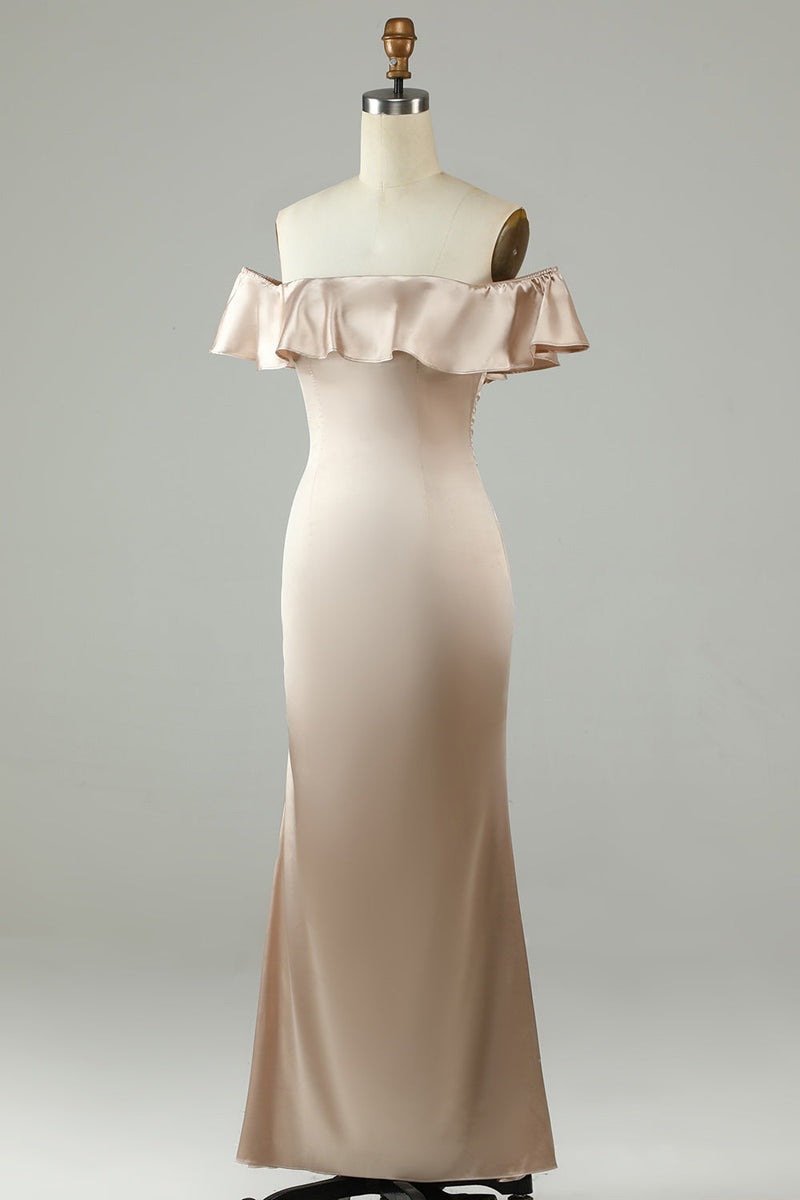 Load image into Gallery viewer, Ankle-Length Off The Shoulder Champagne Long Bridesmaid Dress with Ruffles