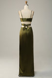 Spaghetti Straps Cut Out Olive Long Bridesmaid Dress with Slit