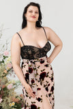 Sheath Spaghetti Straps Black Floral Plus Size Wedding Guest Dress with Slit