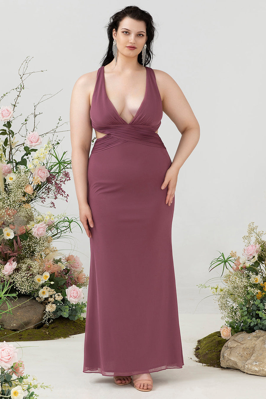 sheath v neck bridesmaid dresses Ever-Pretty High-Waisted Chiffon High Slit Budget Bridesmaid Dress with V-Neck and Elegant Ruffles main image 1