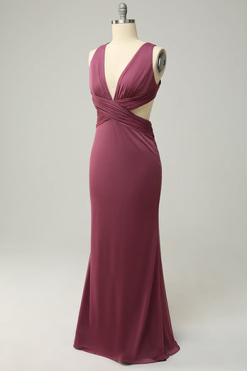 Sheath Deep V Neck Desert Rose Long Plus Size Formal Dress with Split Front