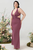 Sheath Deep V Neck Desert Rose Plus Size Wedding Guest Dress with Criss Cross Back