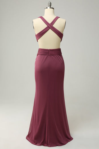Sheath Deep V Neck Desert Rose Long Plus Size Formal Dress with Split Front