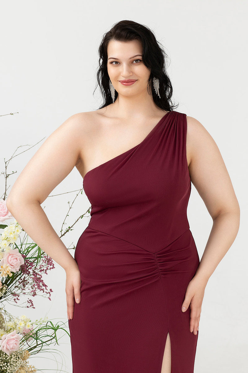 Load image into Gallery viewer, Mermaid One Shoulder Desert Rose Plus Size Wedding Guest Dress with Slit