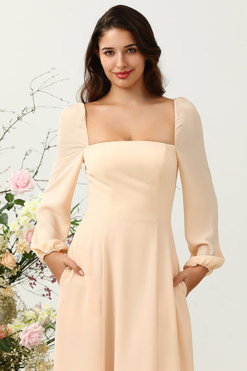 A Line Square Neck Peach Long Bridesmaid Dress with Sleeves