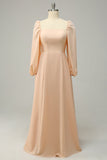 Square Neck Peach Long Bridesmaid Dress with Sleeves