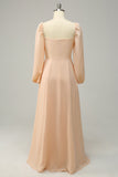 Square Neck Peach Long Bridesmaid Dress with Sleeves