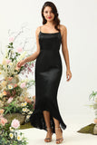 Sheath Spaghetti Straps Black Tea Length Prom Dress with Bowknot