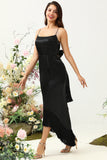 Sheath Spaghetti Straps Black Tea Length Prom Dress with Bowknot