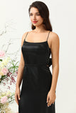 Sheath Spaghetti Straps Black Tea Length Prom Dress with Bowknot