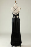 Spaghetti Straps Black Satin Prom Dress with Fringes