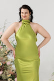 Sheath Halter Open Back Lemon Green Plus Size Wedding Guest Dress