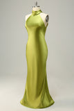 Halter Open Back Lemon Green Long Bridesmaid Dress