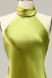 Halter Open Back Lemon Green Long Bridesmaid Dress