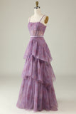 Purple Printed A Line Corset Prom Dress