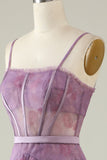 Purple Printed A Line Corset Prom Dress