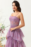 Purple Tulle Spaghetti Straps Corset Bridesmaid Dress