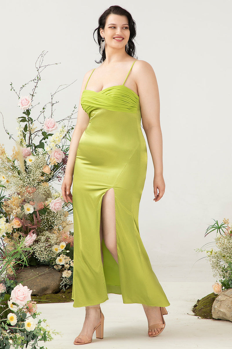 Load image into Gallery viewer, Sheath Spaghetti Straps Lemon Green Plus Size Wedding Guest Dress with Silt