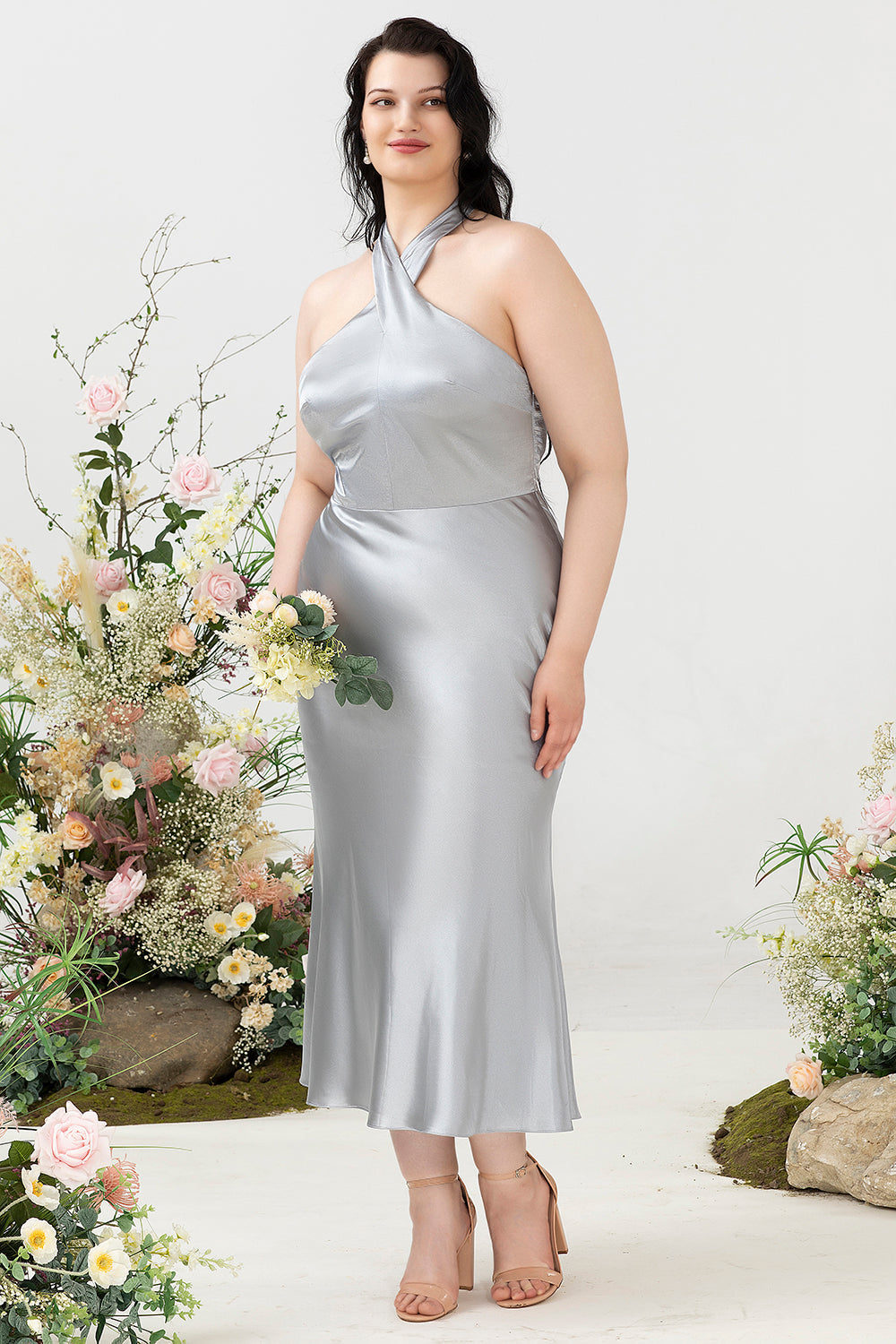 Zapaka Women Silver Plus Size Wedding Guest Dress Sheath Halter
