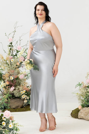 Sheath Halter Neck Silver Plus Size Wedding Guest Dress