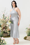 Sheath Halter Neck Silver Plus Size Wedding Guest Dress