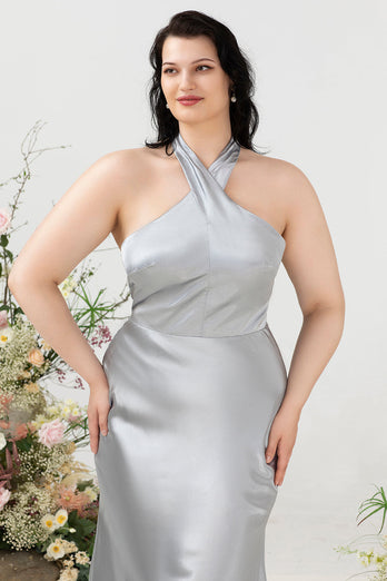 Sheath Halter Neck Silver Plus Size Wedding Guest Dress