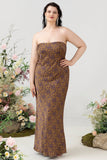 Brown Print Strapless Plus Size Bridesmaid Dress