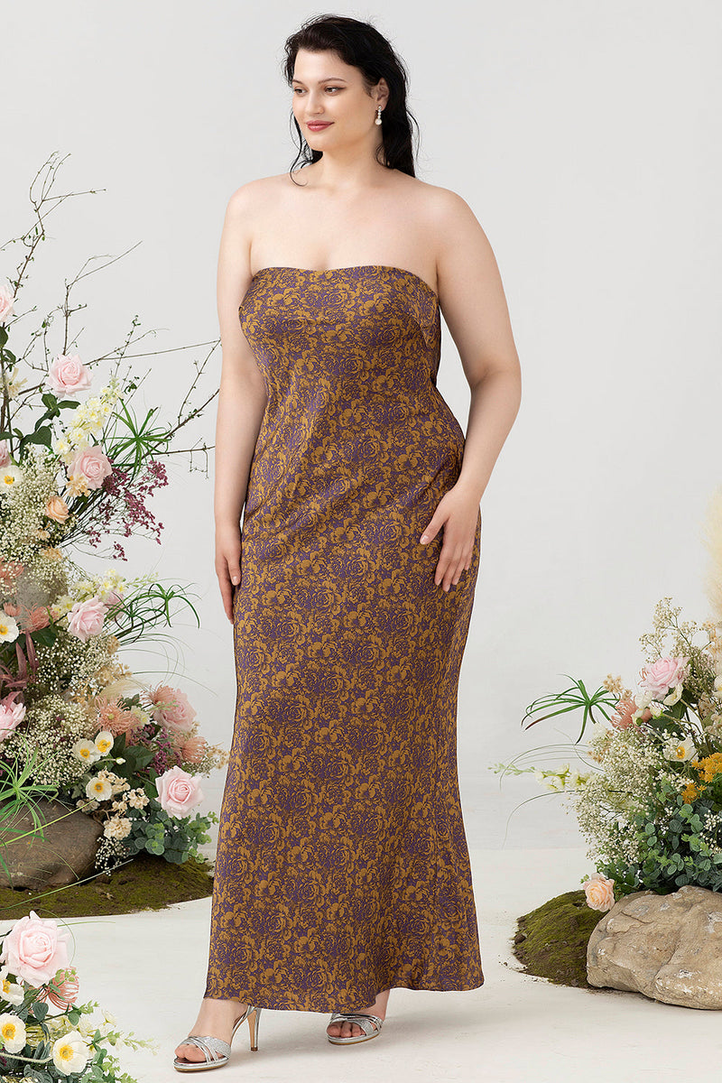 Load image into Gallery viewer, Brown Print Strapless Plus Size Bridesmaid Dress