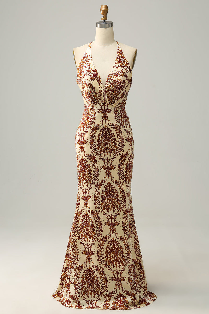 Load image into Gallery viewer, Mermaid Printed Brown Long Bridesmaid Dress