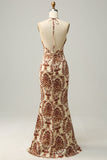 Mermaid Printed Brown Long Bridesmaid Dress