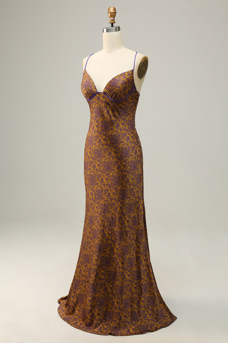Load image into Gallery viewer, Flower Printed Brown Long Bridesmaid Dress