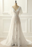 Ivory V Neck A Line Long Wedding Dress With Appliques