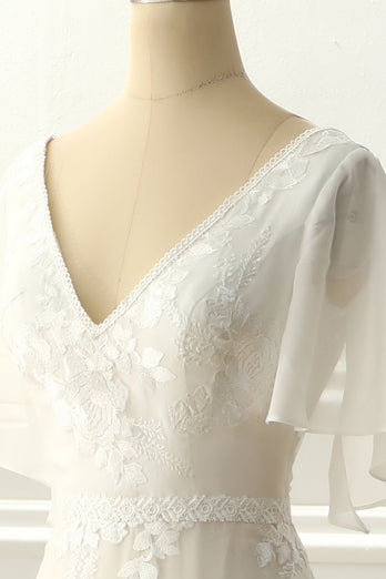 Ivory V Neck A Line Long Wedding Dress With Appliques