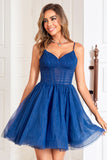 Navy Corset A-Line Tulle Short Graduation Dress