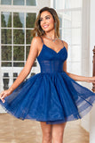 Navy Corset A-Line Tulle Short Graduation Dress