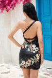 Bodycon One Shoulder Black Sequin Beading Graduation Dress