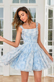 Cute A Line Blue Printed Short Graduation Dress