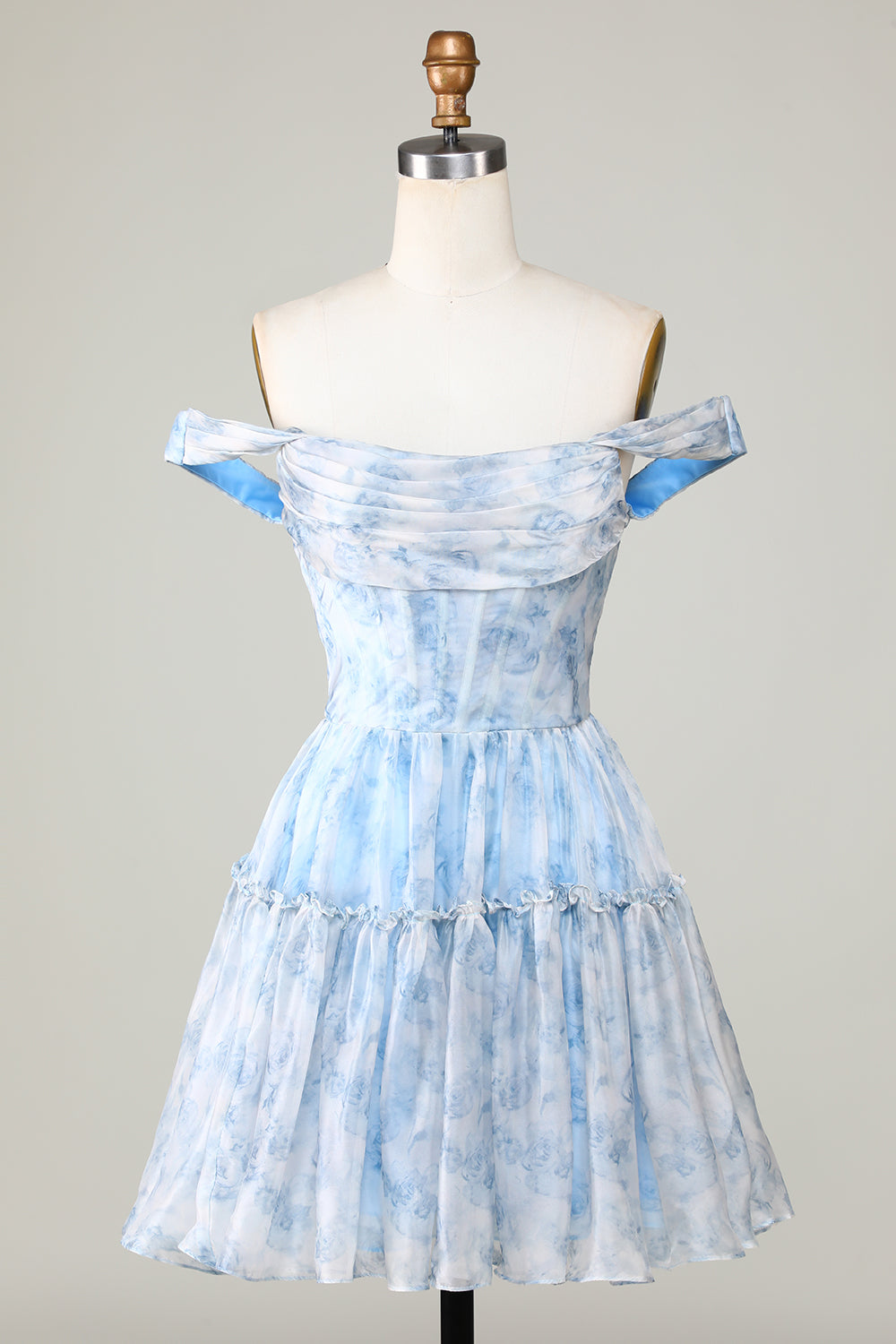 Cute A Line Off the Shoulder Blue Printed Short Graduation Dress with Ruffles
