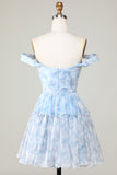 Cute A Line Off the Shoulder Blue Printed Short Graduation Dress with Ruffles