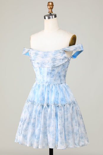Cute A Line Off the Shoulder Blue Printed Short Graduation Dress with Ruffles