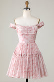 A Line Cute Blush Printed Short Graduation Dress with Ruffles