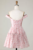 A Line Cute Blush Printed Short Graduation Dress with Ruffles