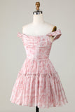 A Line Cute Blush Printed Short Graduation Dress with Ruffles