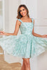 Load image into Gallery viewer, Cute A Line Off the Shoulder Blue Printed Short Graduation Dress with Ruffles