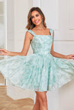 Cute A Line Off the Shoulder Blue Printed Short Graduation Dress with Ruffles