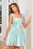 Cute A Line Off the Shoulder Blue Printed Short Graduation Dress with Ruffles